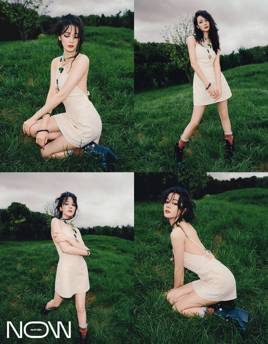 迪丽热巴穿碎花吊带裙秀美背 烟熏妆复古魅惑