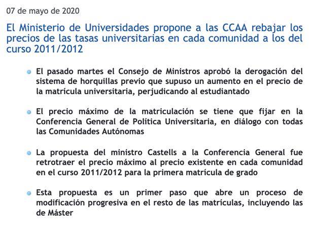 大学部部长manuel castells提议各自治区将本科首次注册费降回到2011