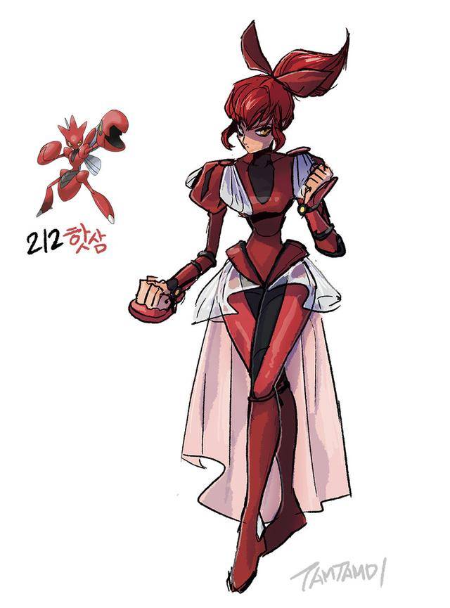 画师将宝可梦拟人化后,盔甲鸟变武士,巨钳螳螂则成了美少女战士