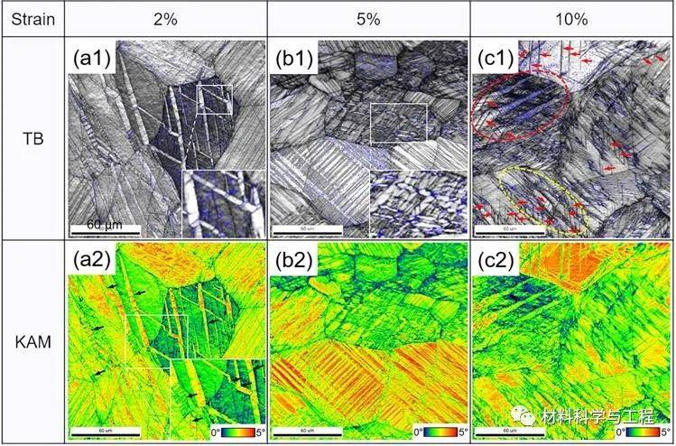 合金经不同变形量拉伸变形后的孪晶分析(a1-c1)和kam图(a2-c2)对变形
