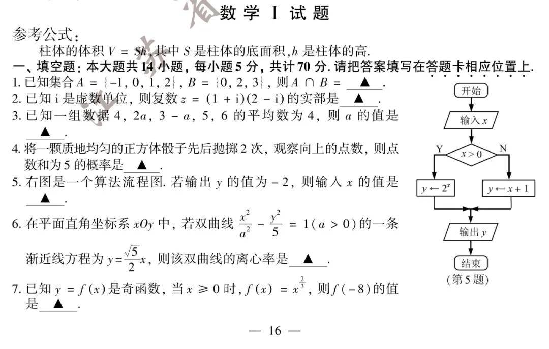 2020年江苏高考数学试题 参考答案