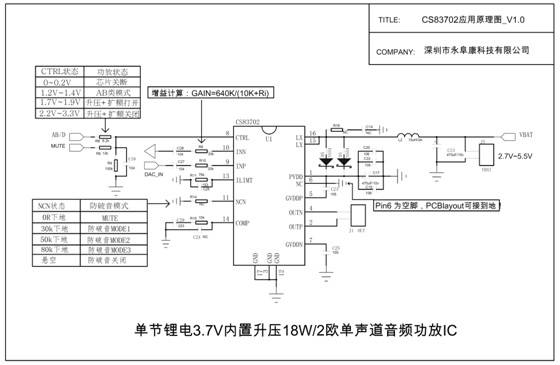 功放|CS83702 单节锂电3.7V内置升压18W/2欧单声道音频功放IC解决方案