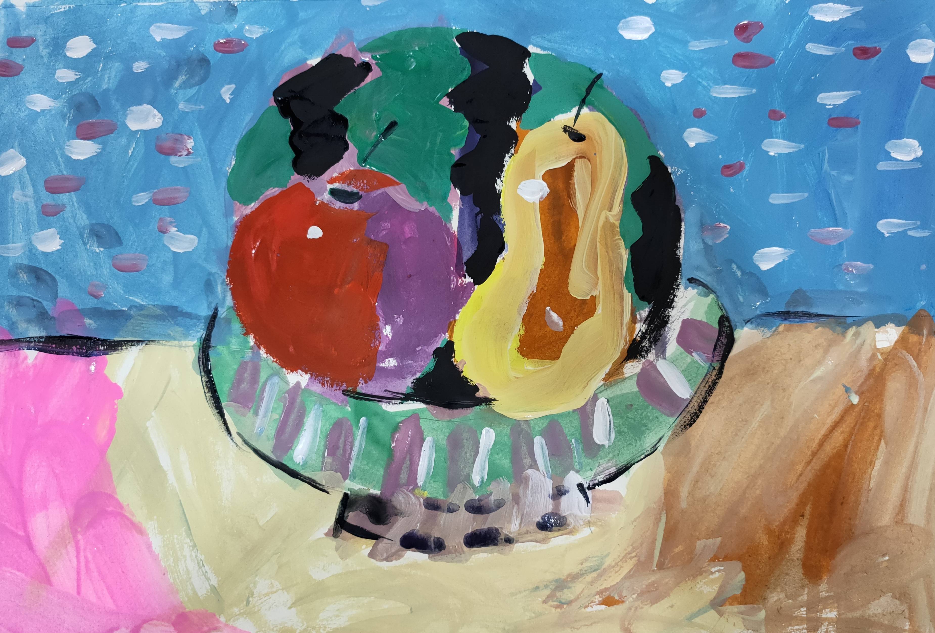 水粉画作业, 评语: 4岁小孩画画有胆量,该小朋友第一次学画画,色彩