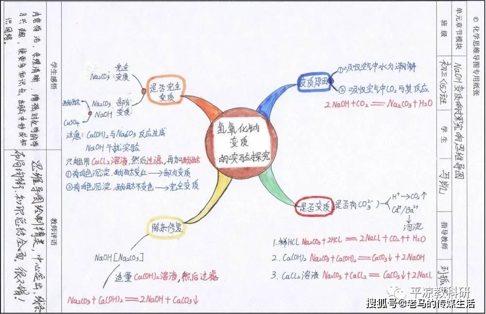 教师指导学生绘制"氢氧化钠变质实验探究原理"思维导图,即将氢氧化钠