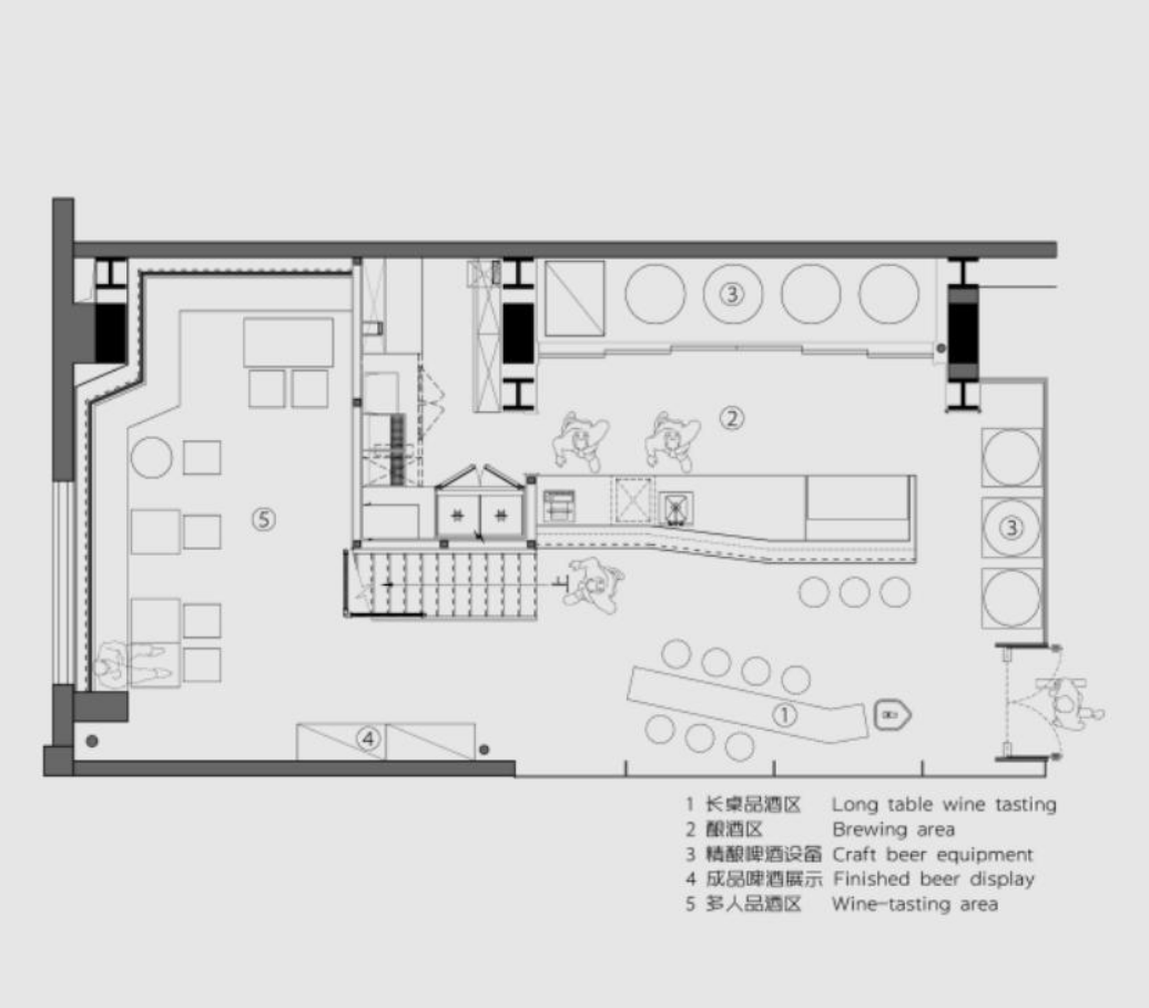 ◣在空间的营造上,我们将区域做了明确的划分,从酒吧的功能分区到动线