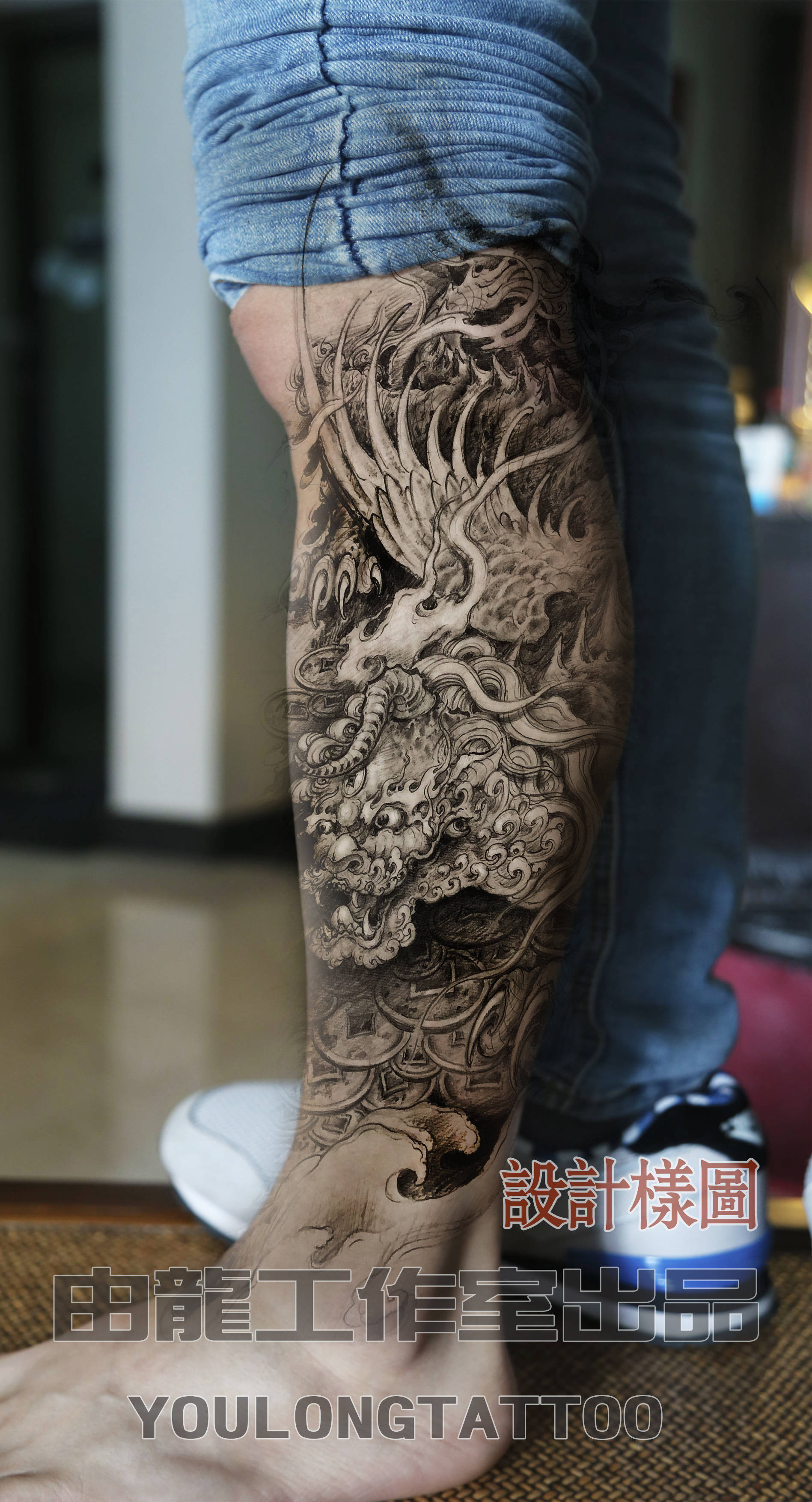 传统瑞兽貔貅纹身图案设计流程及纹身完成效果