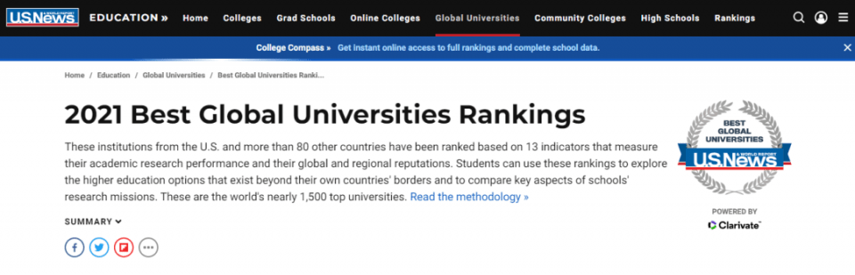 Sylvie|2021年USNews全球最佳大学排名发布，清华大学世界第28