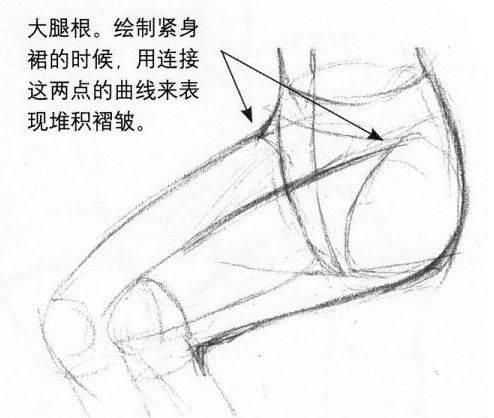 大腿根.绘制紧身裙的时候,用连接这两点的曲线来表现堆积褶皱.