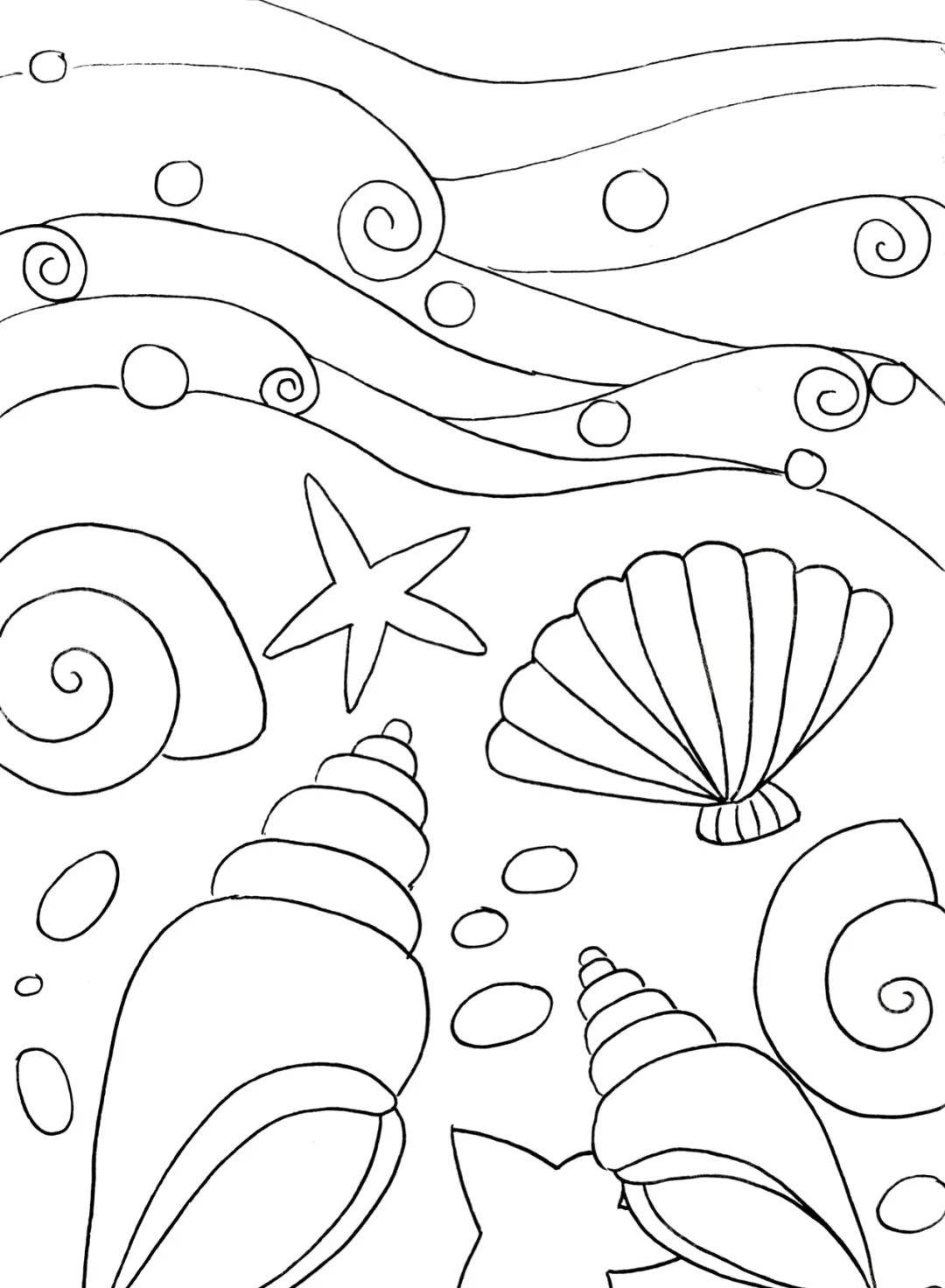 2,画远处的海浪画海滩的外形各异的贝壳,海星,小石头,1,准备白色卡纸