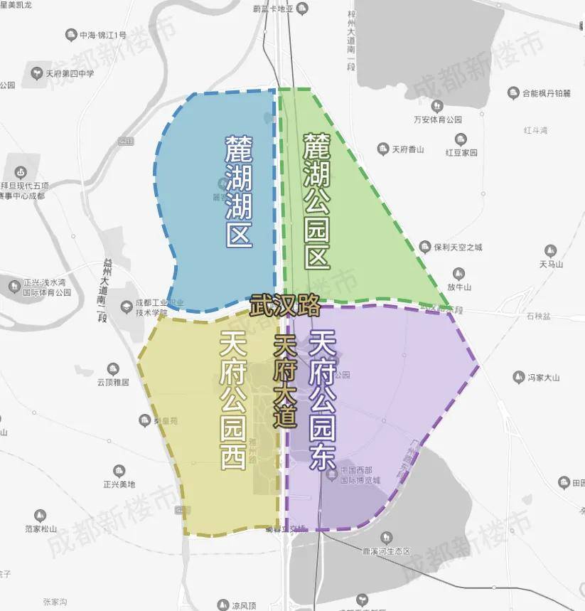 麓湖板块位置示意 截自百度地图 麓湖公园区内绿地呈带状分布,建筑