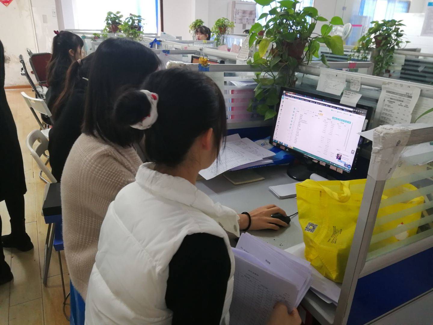 图为陈莹莹同学正在和队友一起整理资料 郭芊芊 摄