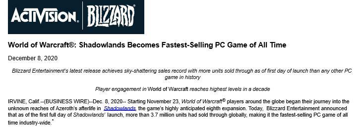 历史|魔兽世界9.0销量破历史，登顶最热销PC游戏，年收入或超10亿刀？