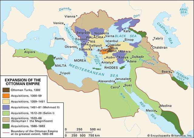 14世纪初 该地图显示了奥斯曼帝国的扩张