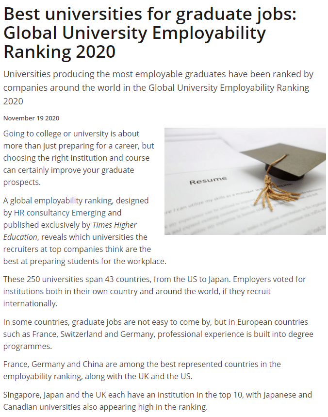 2020年大学综合排名_2020全球高校就业力排行出炉!德国综合排名
