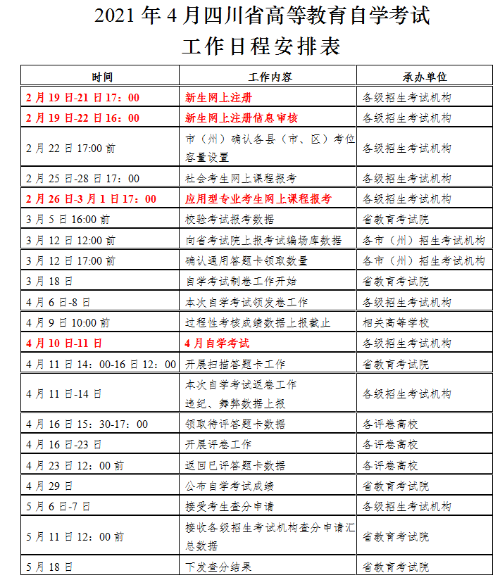 2021年自考4月统考报考安排日程表及考试计划表