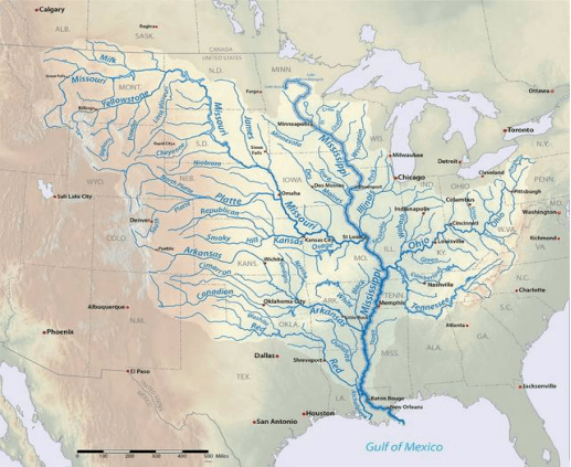 密西西比河与密苏里河两条大河先平行后相交,贯穿南北,加上多条支流以