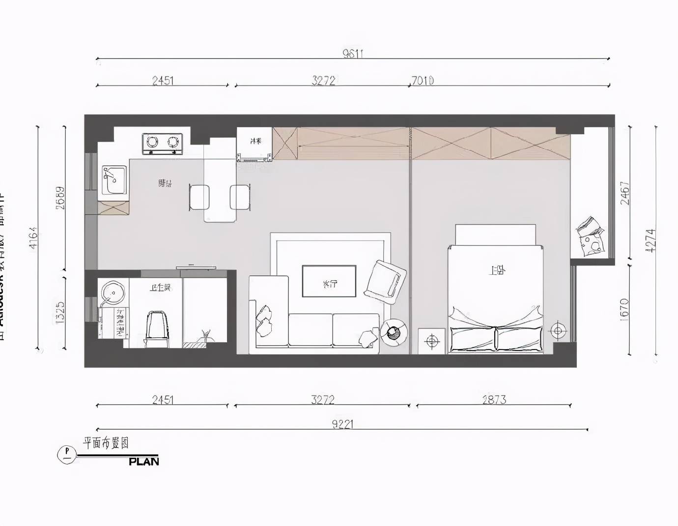 41㎡小户型,进门就是厨房,客厅和卧室用玻璃门隔断