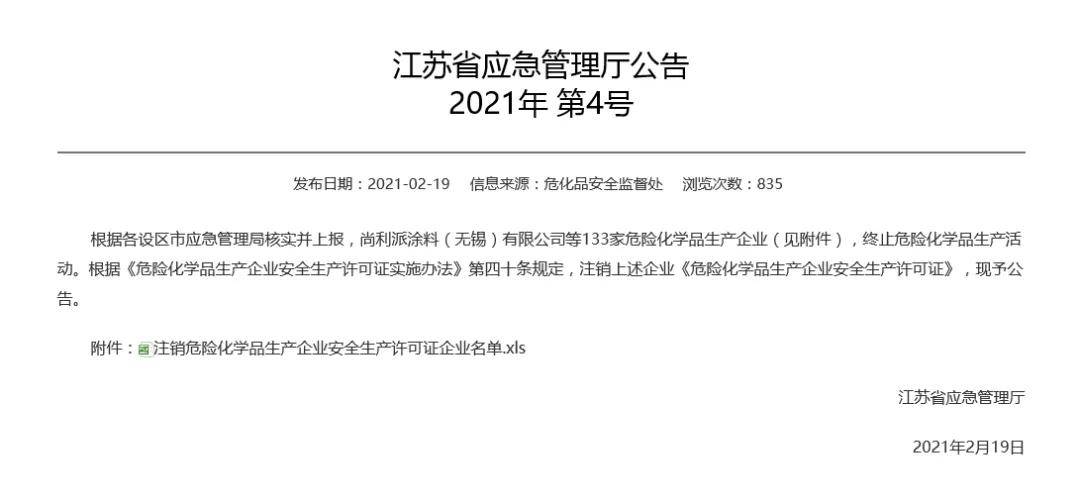 江苏133家危化企业安全生产许可证注销,1131家在有效期内