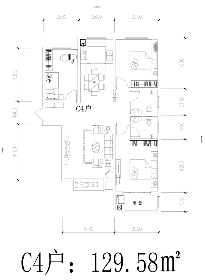 天茂上郡7#户型:三室两厅两卫:133.37㎡和133.