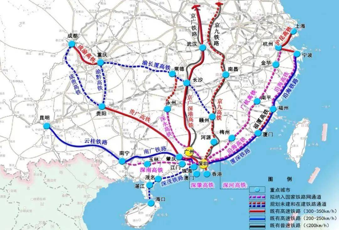 深圳面向泛珠地区国家铁路通道示意图