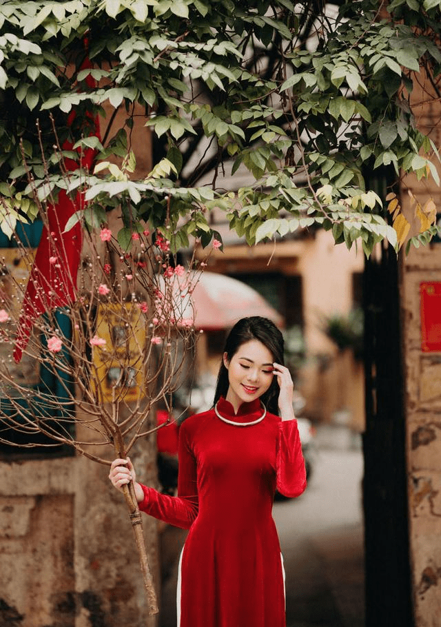 身穿红色奥黛,手持桃枝的越南姑娘,举手投足之间,甜美