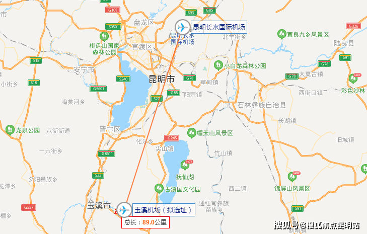 从高速主线规划来看,玉溪新机场或将选址于玉溪市江川区白池古村附近