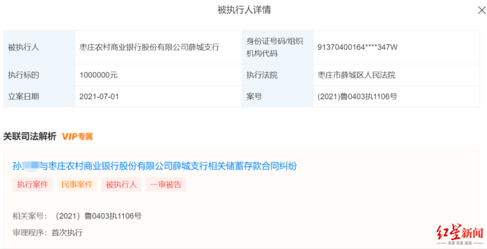 2021年7月1日,枣庄农商行薛城支行被法院强制执行,执行标的100万元.