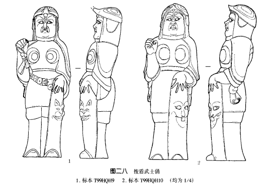 按盾武士俑2件.标本t99hqh9,高32.5厘米.