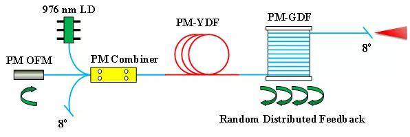 课题组又对比了线偏振随机光纤激光器结构中使用100 m长的pm-gdf和非