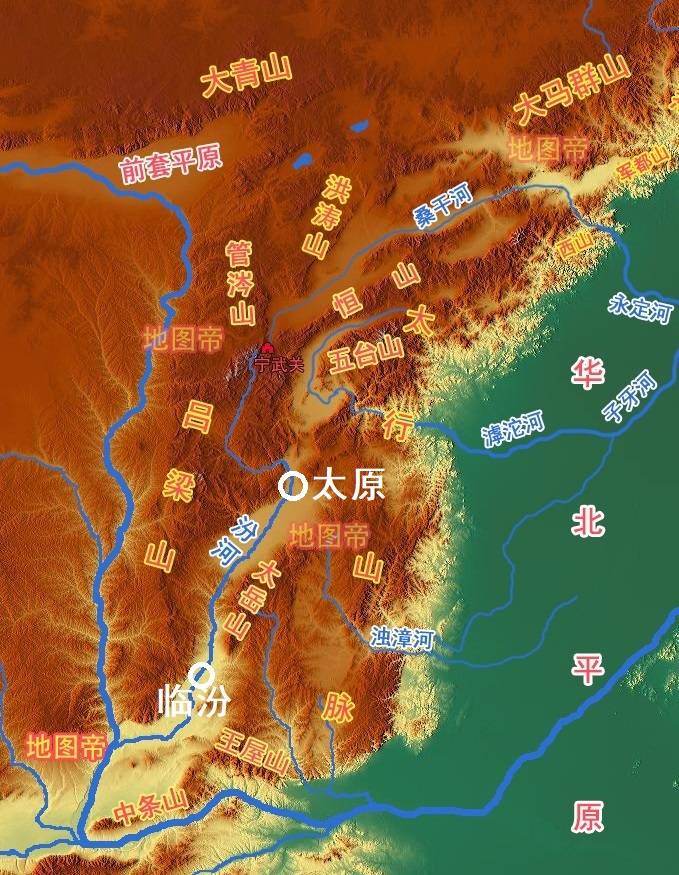 几个大小不等的盆地:大同盆地,忻定盆地,太原盆地,临汾盆地,运城盆地