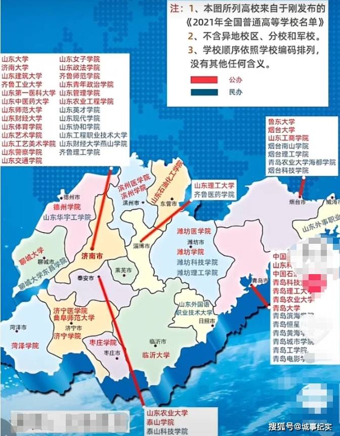 原创山东本科高校分布图,济南高校最多,青岛第二,烟台第三!