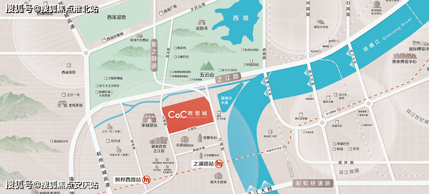 西——宋城,银泰百货之江店;南——之江板块金融,行政,文化中心;东