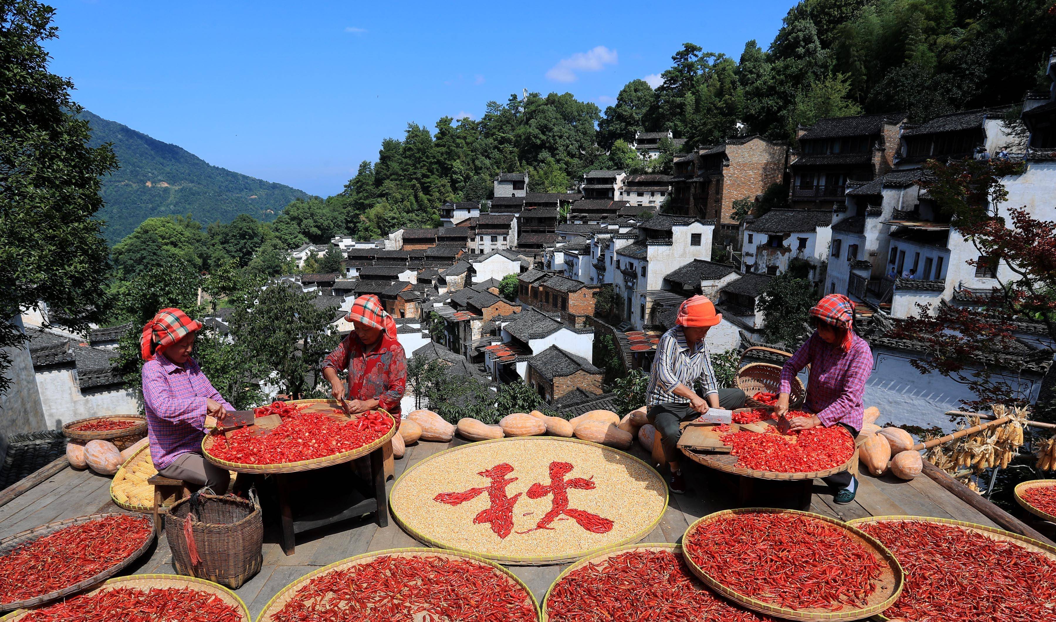 2022年5月8日,在江西省婺源县篁岭古村拍摄的晒秋场景(资料图片).