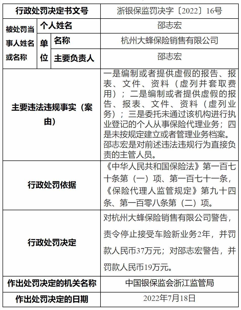 奚春阳实控的大蜂保险因多项违规遭罚56万元责令停止车险新业务2年