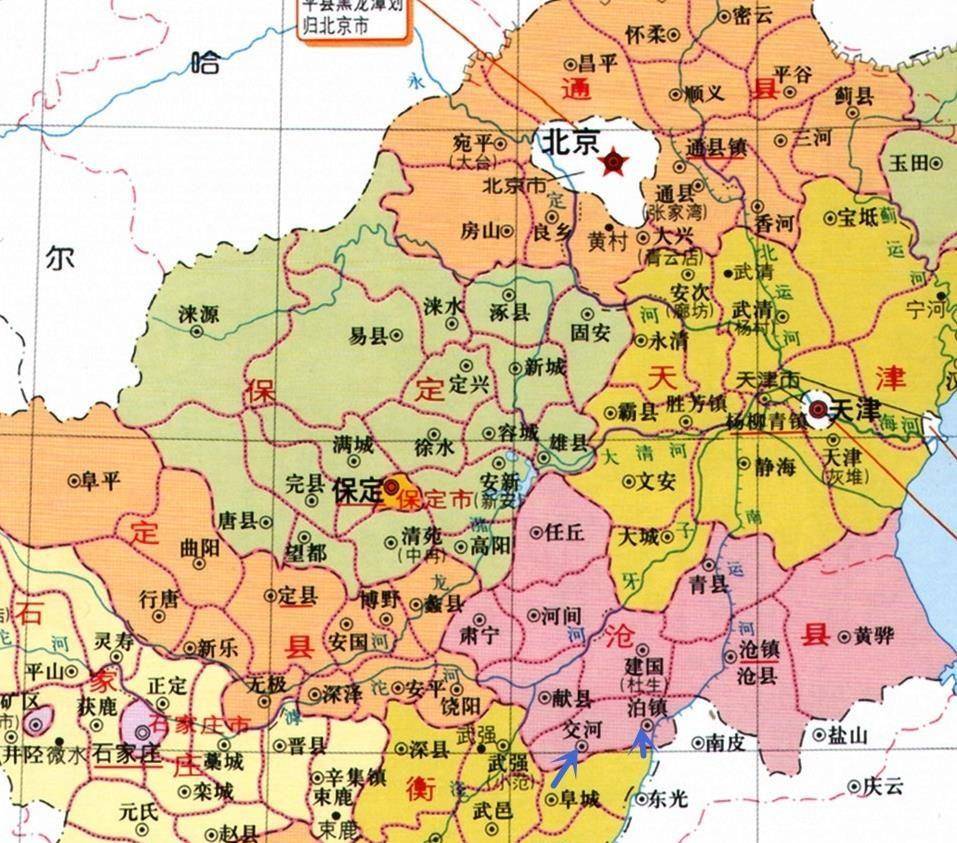 行政区划图(部分)1953年11月,泊头市复置,直属河北省,由沧县专区代管