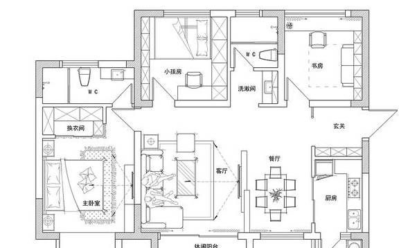 105平米现代简欧气概，鞋柜中间做空放包，典范适用性的拆修体例