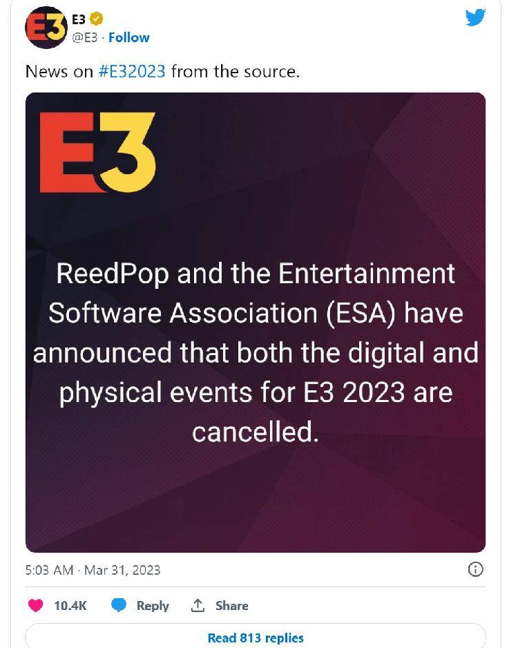 E3游戏展2023颁布发表打消，因为各游戏厂商巨头并没有想要参与