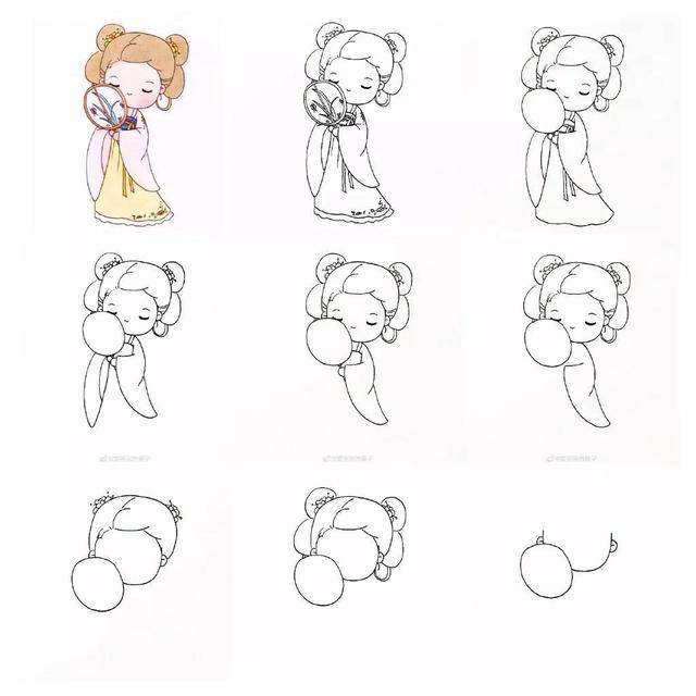 古风简笔画:穿汉服的q版人物简笔画,必备手账素材,附步骤