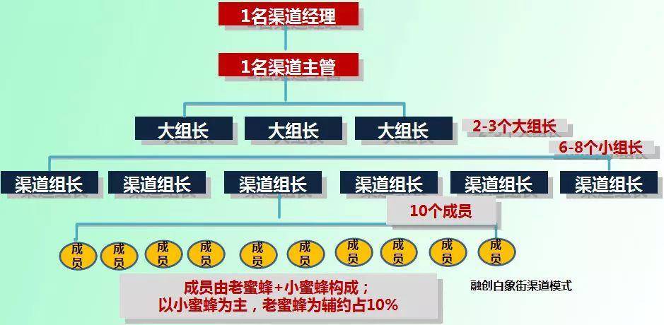 约有60-80个渠道成员,以融创白象街渠道模式为例,组织架构如下图:排兵