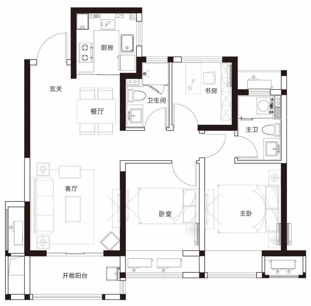 142㎡四房户型图 项目大多数户型都做到了三面朝南,动静分区,部分