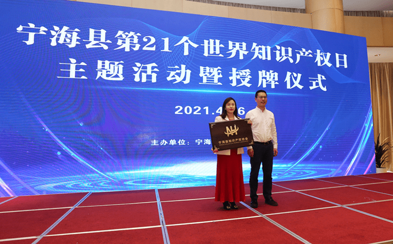 副县长王鸿飞给宁海县知识产权协会会长鲍薇授牌