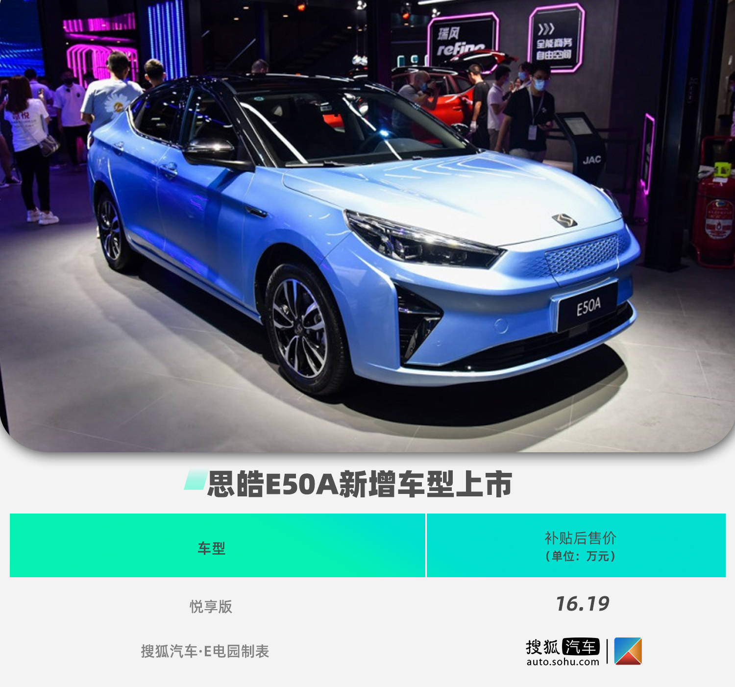 思皓e50a新增车型上市 售价16.19万/续航里程402km