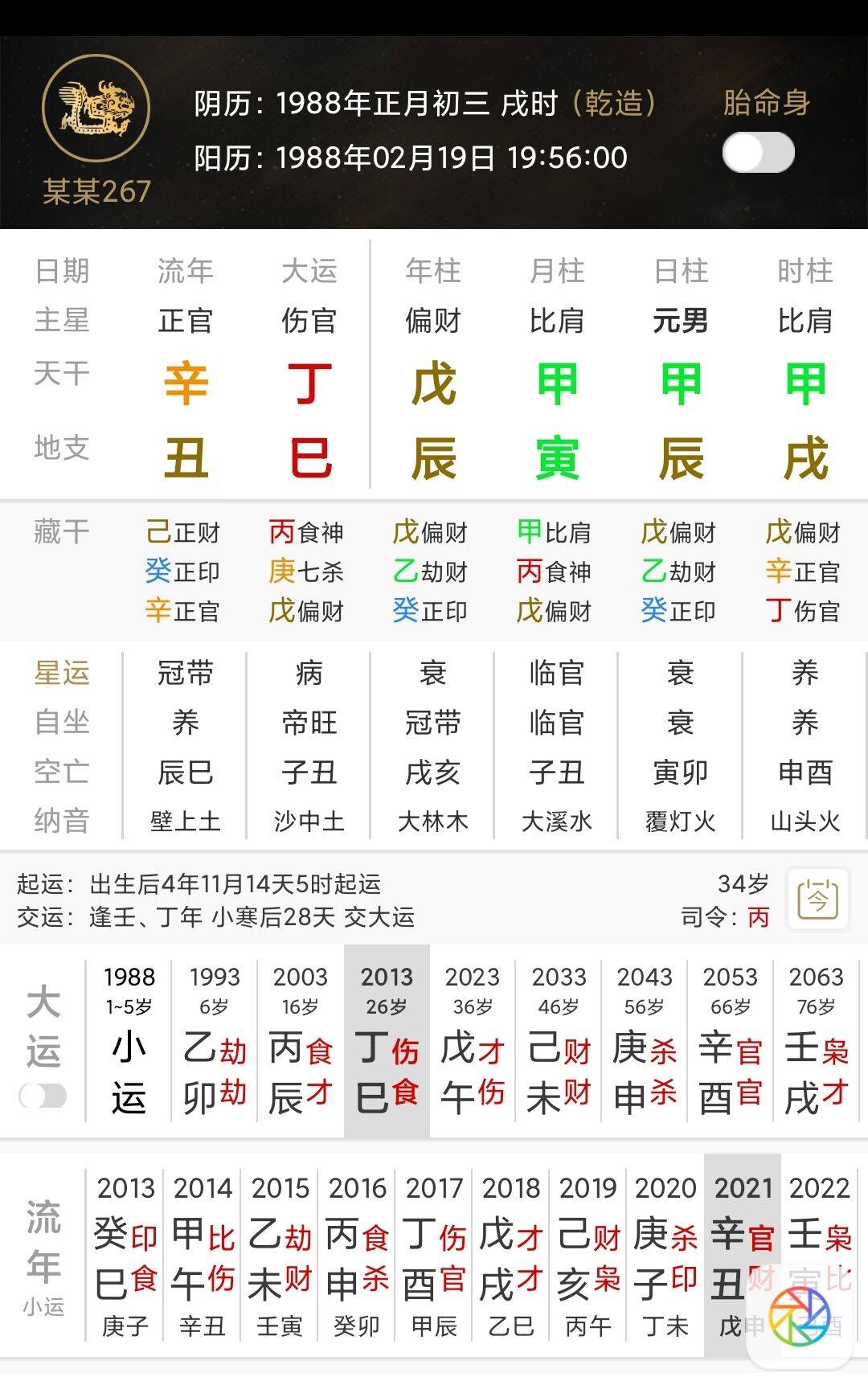 命局分析:本命属龙,纳音大林木.命格