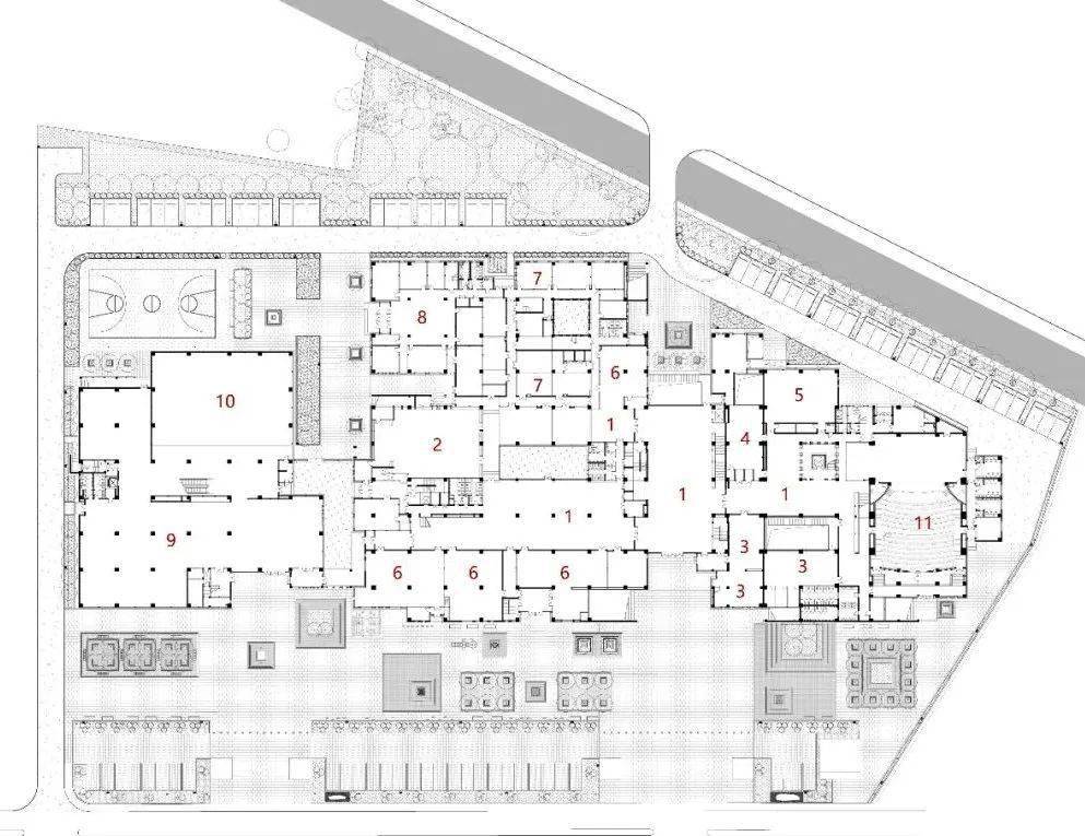 在基地中心的位置设置公共大厅,作为整个建筑的"客厅,提供接待,咨询