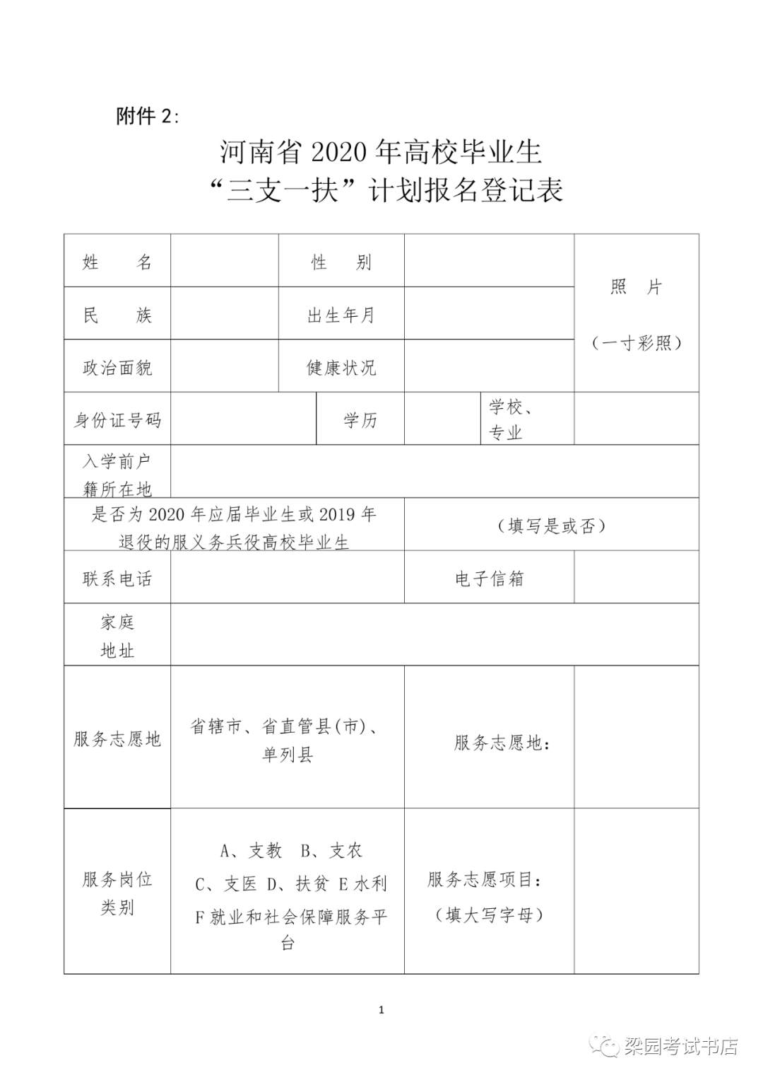 "三支一扶"计划报名登记表》一式三份,粘贴近期免冠红底彩色一寸照片