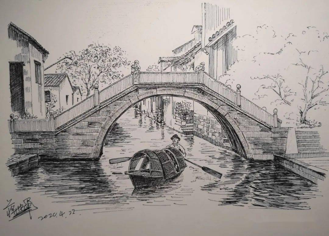 蒋忠军钢笔画景绍兴的桥
