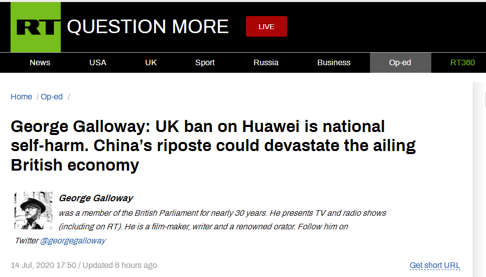 英国前议员谴责政府禁用华为:中国能摧毁英国经济