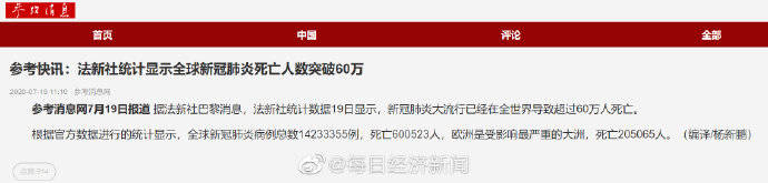 全球|法新社统计显示全球新冠肺炎死亡人数突破60万