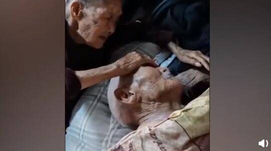 98岁爷爷不起床100岁奶奶贴脸陪伴 小心摸摸爷爷的额头