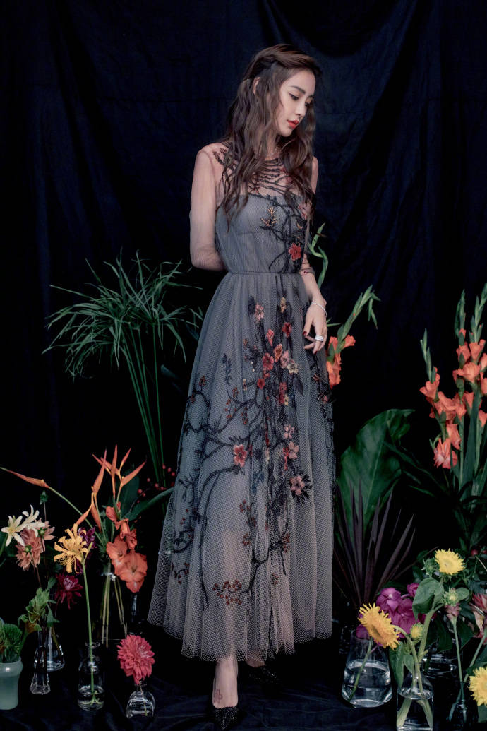 花朵|Angelababy身着柔美薄纱刺绣花朵裙 搭配精致珠宝
